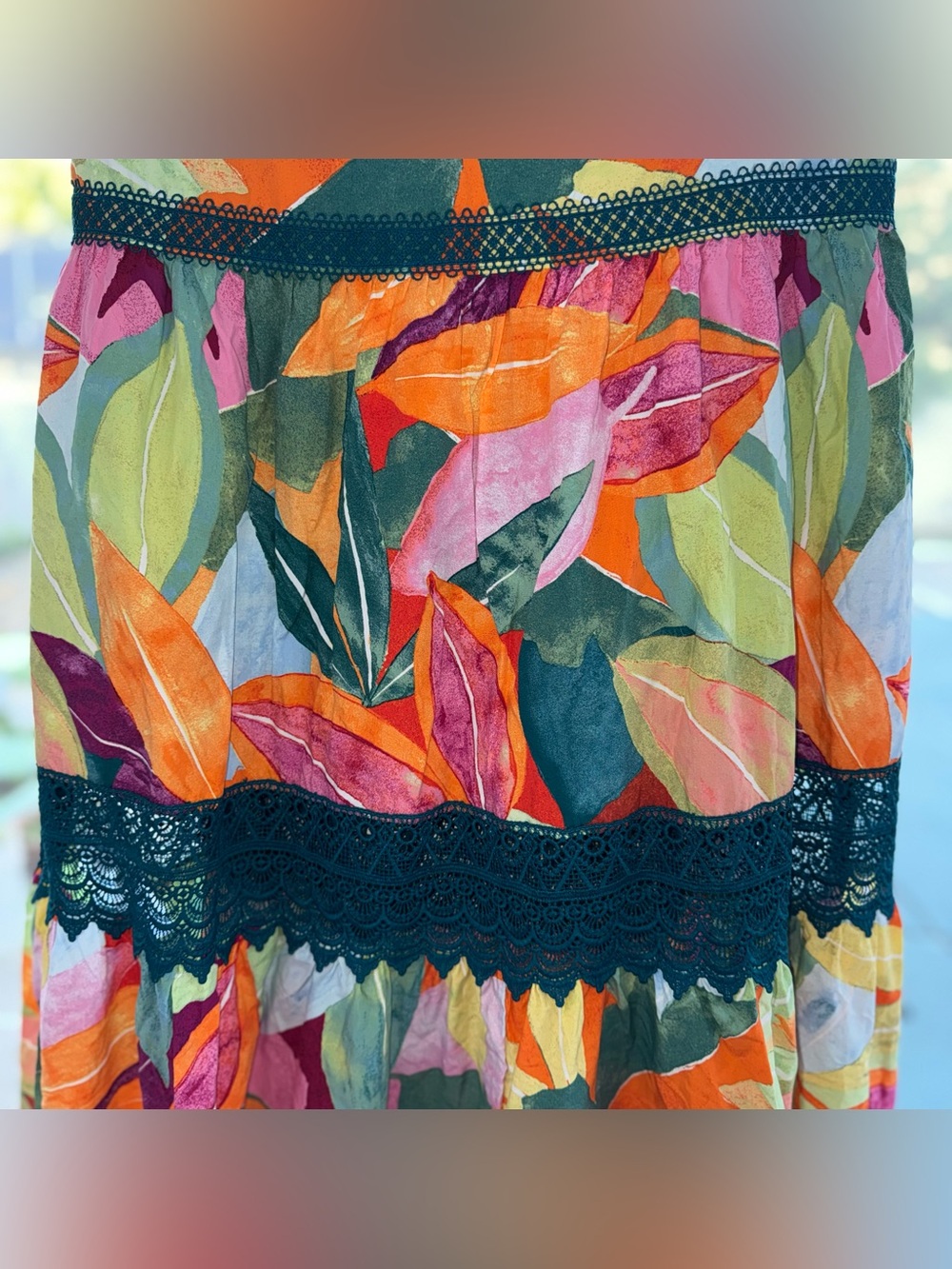Time and Tru Tiered Maxi Skirt M 8-10 NWT Tropical Boho Lace Trim Multi Color - Picture 4 of 9